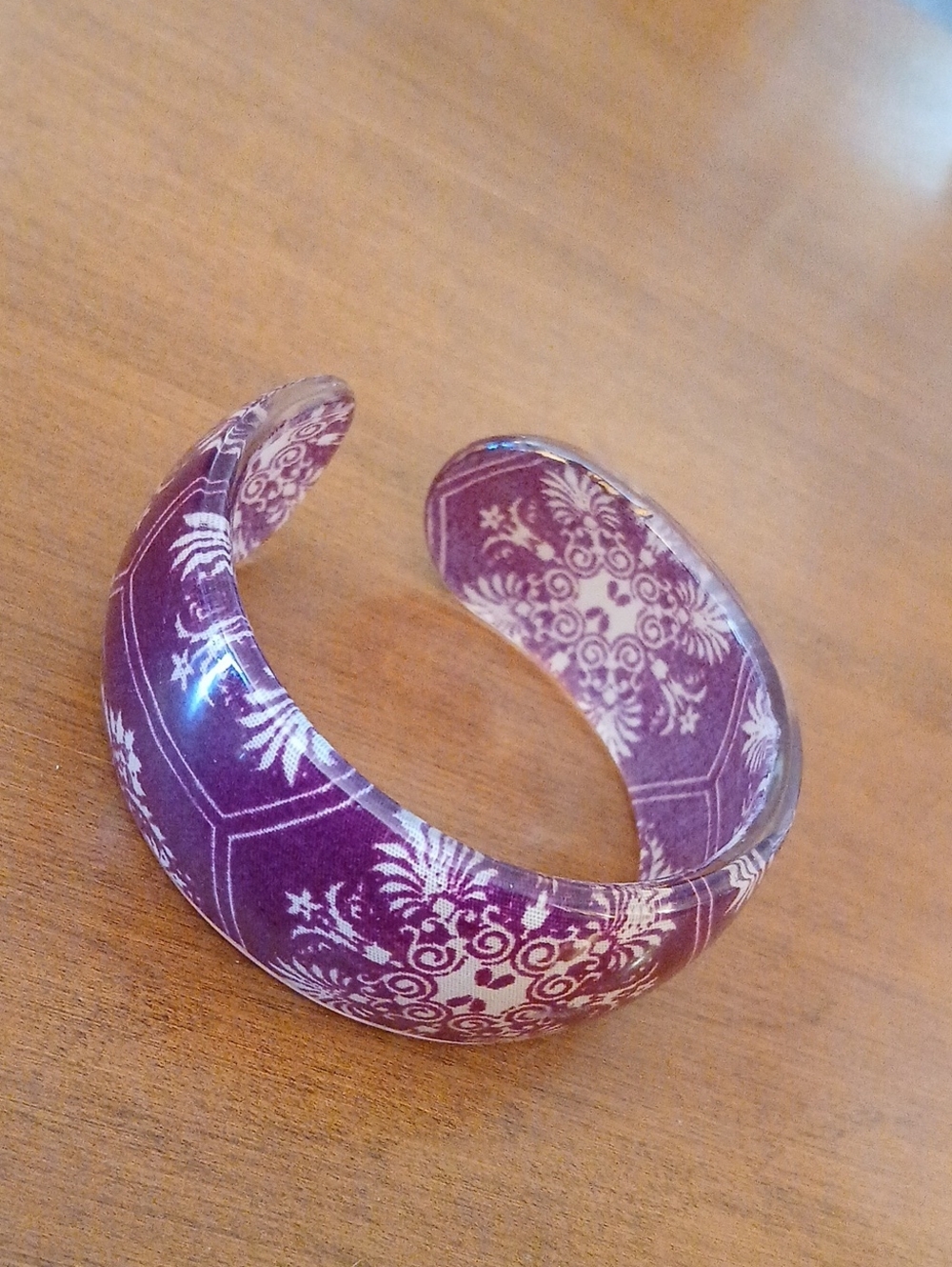 Purple Resin Cuff Bracelet with White Filigree Pattern
